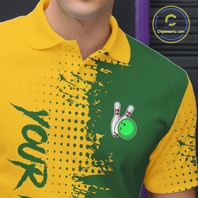 Yellow and Green Bowling Polo, Quarter Zip shirts for Men Custom Bowling Team Jerseys NQS10881