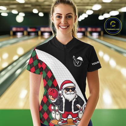 Funny Santa Christmas Bowling Shirts For Women green & red argyle pattern Custom Team Bowling outfit NQS11054