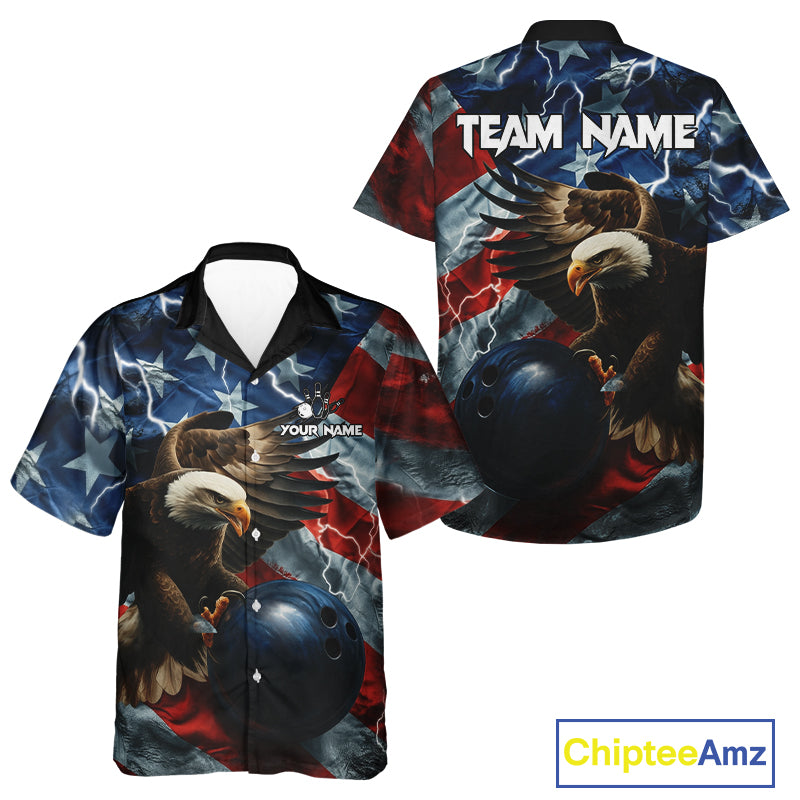 American Flag Eagle Lightning Thunder Hawaiian Bowling Jersey Custom Patriotic Bowling Team Shirt NQS11059