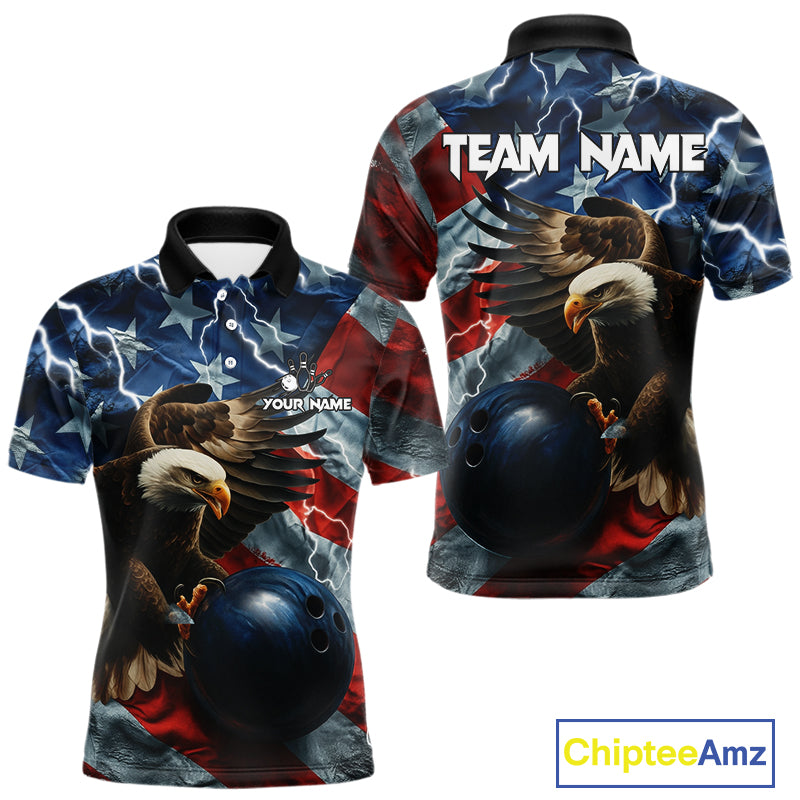 American Flag Eagle Lightning Thunder Bowling Shirts For Men Custom Patriotic Bowling Team Jerseys NQS11059