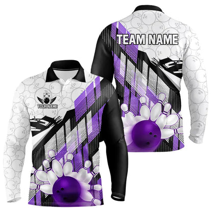 Purple Camo Bowling Polo, 1/4 Zip Shirt for Men Custom Team bowling jerseys, personalized bowling gift NQS9176