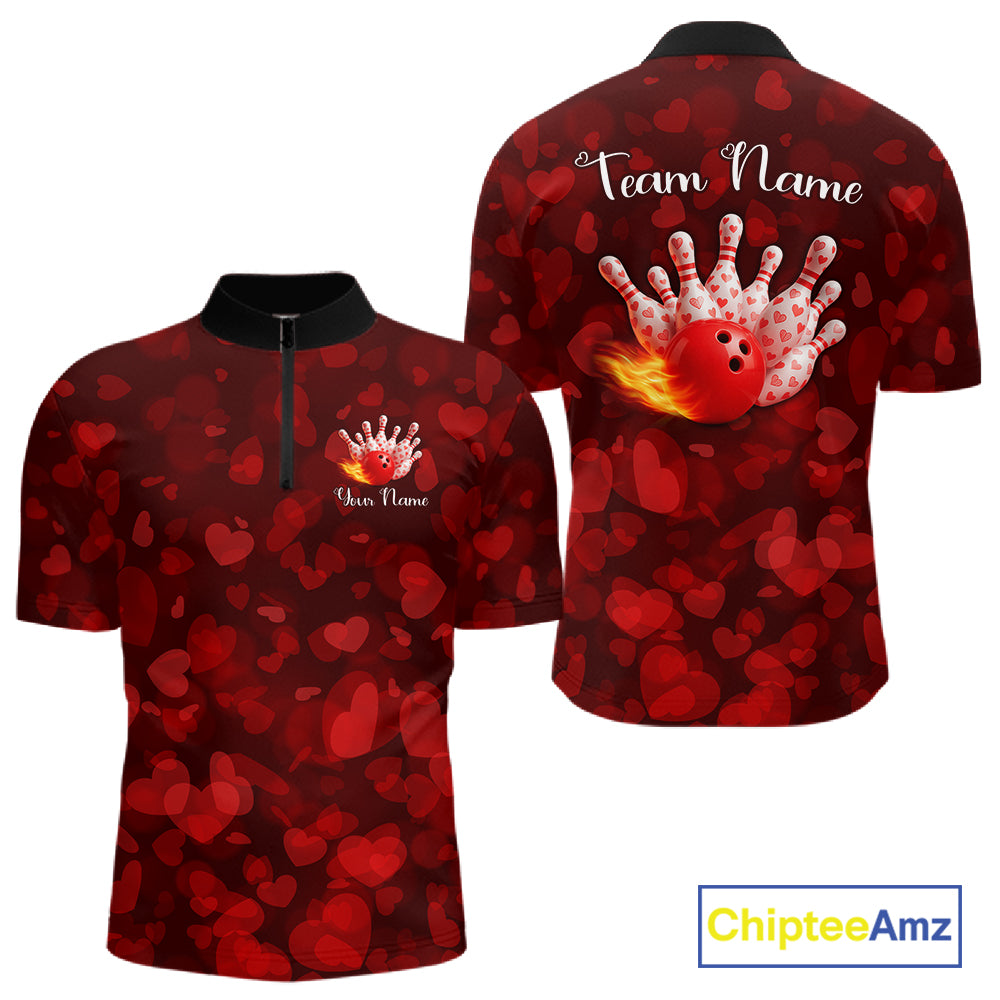 Red Hearts pattern Valentine matching bowling shirts for couples Custom Bowling Couple Outfits NQS11251
