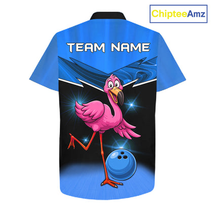 Funny Pink Flamingo Bowling Hawaiian Shirt Custom Flamingo Team bowling button-up shirt | Blue NQS11653