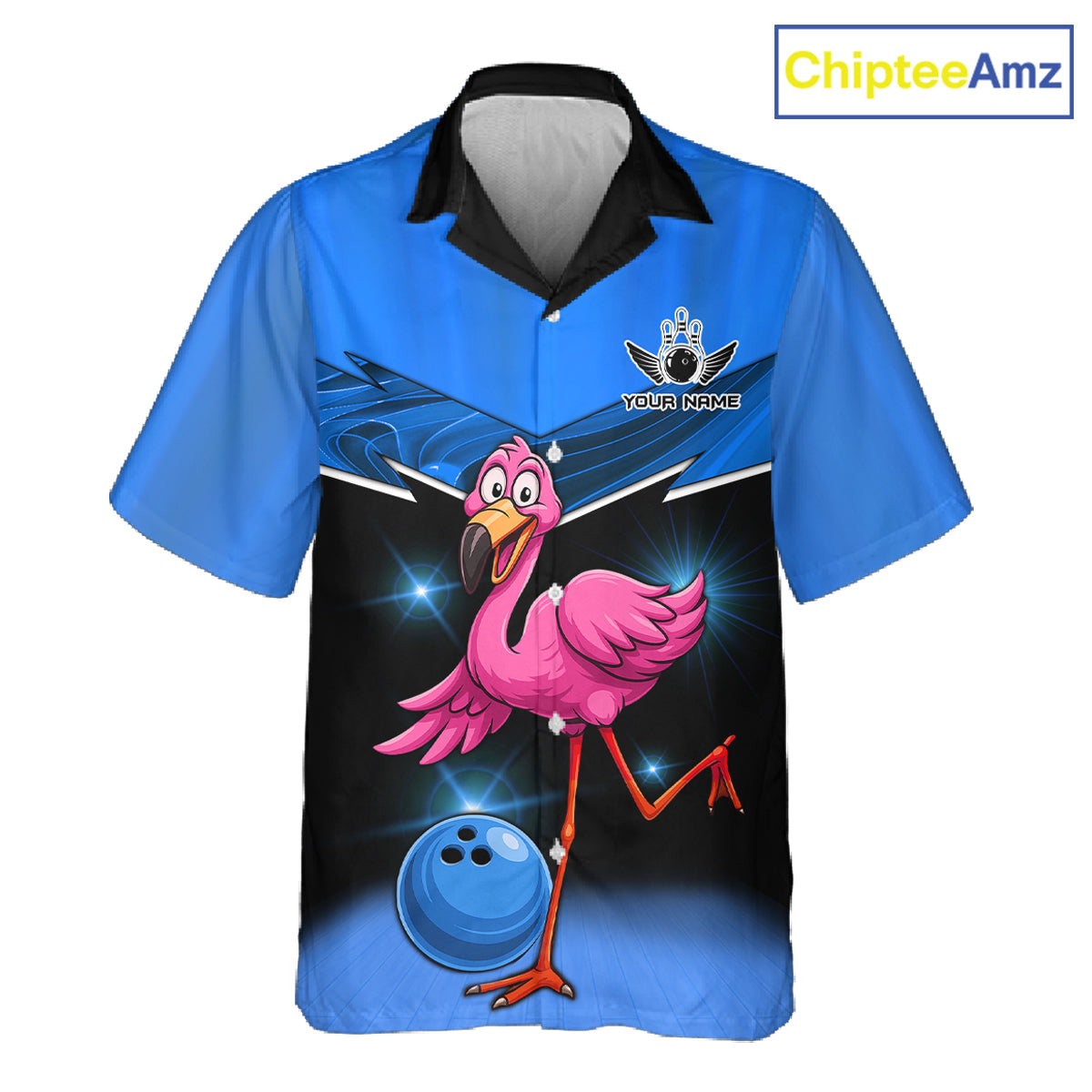 Funny Pink Flamingo Bowling Hawaiian Shirt Custom Flamingo Team bowling button-up shirt | Blue NQS11653