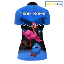 Load image into Gallery viewer, Funny Pink Flamingo Bowling Polo, 1/4 zip shirts for Women Custom Flamingo Team bowling outfit | Blue NQS11653