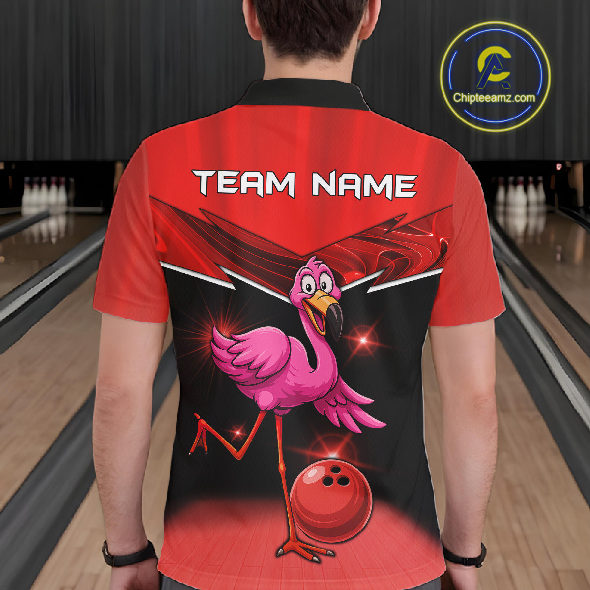 Funny Pink Flamingo Bowling Polo, 1/4 zip shirts for Men Custom Flamingo Team bowling outfit | Red NQS11654