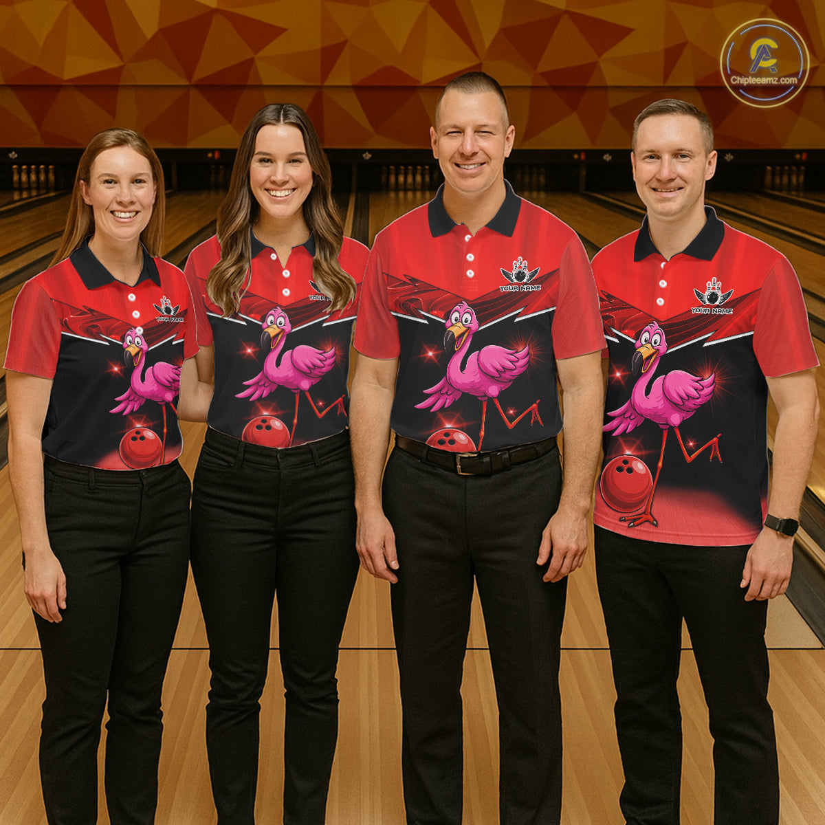 Funny Pink Flamingo Bowling Polo, 1/4 zip shirts for Men Custom Flamingo Team bowling outfit | Red NQS11654