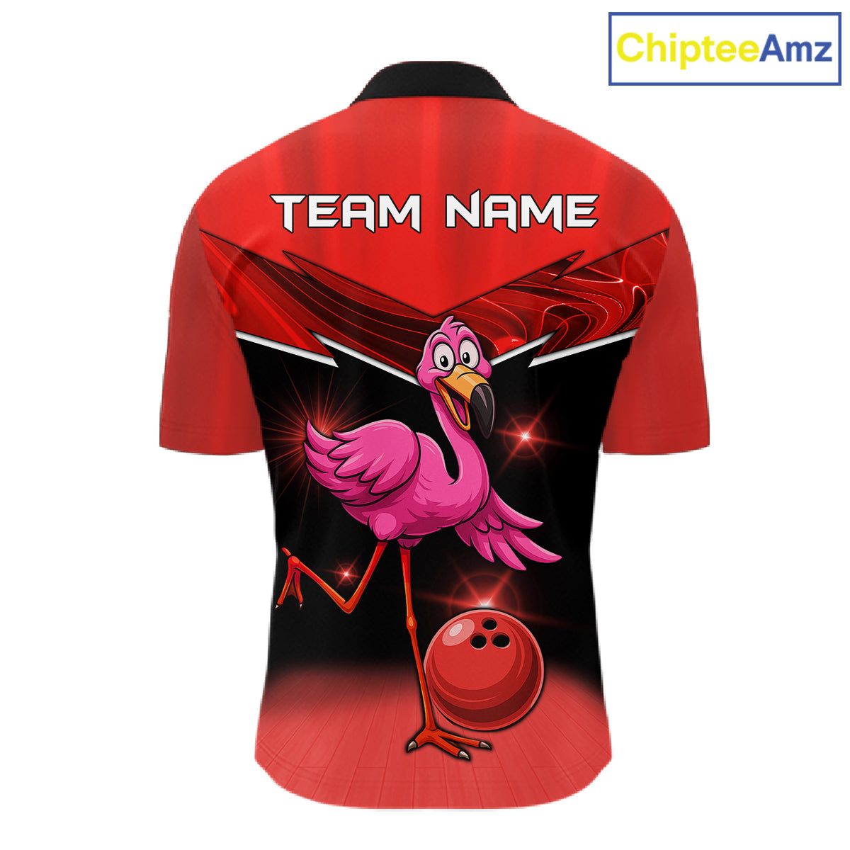 Funny Pink Flamingo Bowling Polo, 1/4 zip shirts for Men Custom Flamingo Team bowling outfit | Red NQS11654