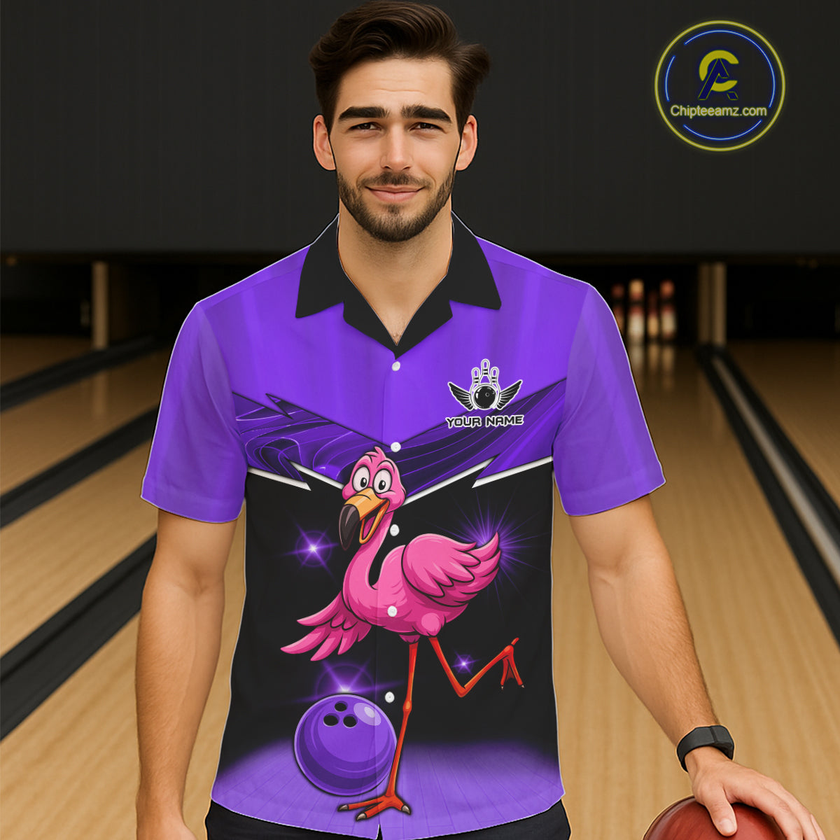 Funny Pink Flamingo Bowling Hawaiian Shirt Custom Flamingo Team bowling button-up shirt | Purple NQS11655