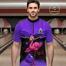 Load image into Gallery viewer, Funny Pink Flamingo Bowling Polo, 1/4 zip shirts for Men Custom Flamingo Team bowling outfit | Purple NQS11655