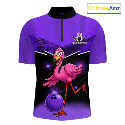 Funny Pink Flamingo Bowling Polo, 1/4 zip shirts for Men Custom Flamingo Team bowling outfit | Purple NQS11655