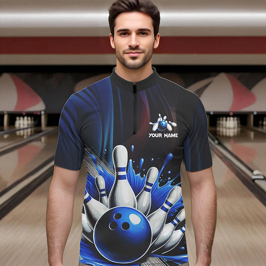 Black and Blue Men's bowling outfits Custom Team Mens bowling Polo, Quarter Zip Shirts NQS9700