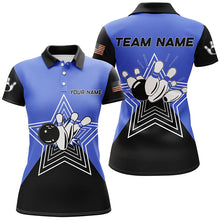 Load image into Gallery viewer, Blue and Black retro bowling ball pins star custom Women's bowling Polo, Quarter Zip shirt team jersey NQS7830