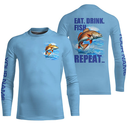 Redfish puppy drum Fishing Custom Long Sleeve Performance Fishing shirts Eat Drink Fish Repeat | Blue NQS6612