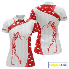 Load image into Gallery viewer, Personalized Red Hearts pattern golf white Womens golf polo shirts custom name Valentine golf gifts NQS11259