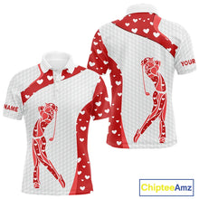 Load image into Gallery viewer, Personalized Red Hearts pattern golf white Mens golf polo shirts custom name Valentine golf gifts NQS11259