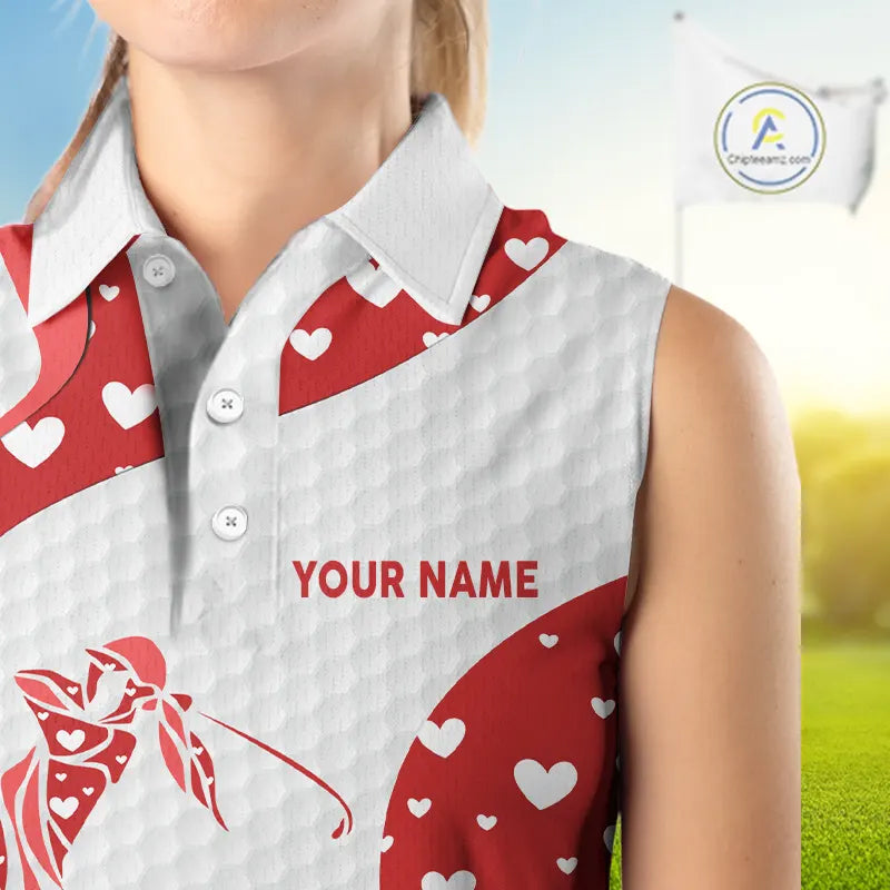 Personalized Red Hearts pattern golf white Sleeveless Golf Polo Shirt custom Valentine golf gifts NQS11259