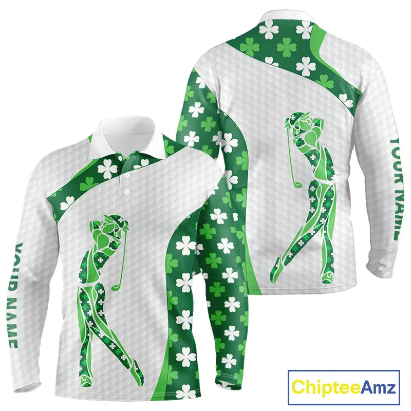Personalized Green shamrock pattern golf white Mens golf polo shirt custom St Patrick's Day golf gift NQS11260