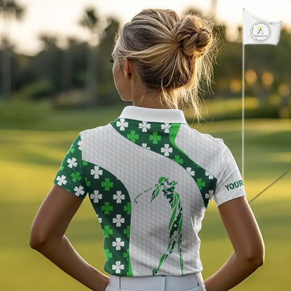 Personalized Green shamrock pattern golf white Women golf polo shirt custom St Patrick Day golf gift NQS11260