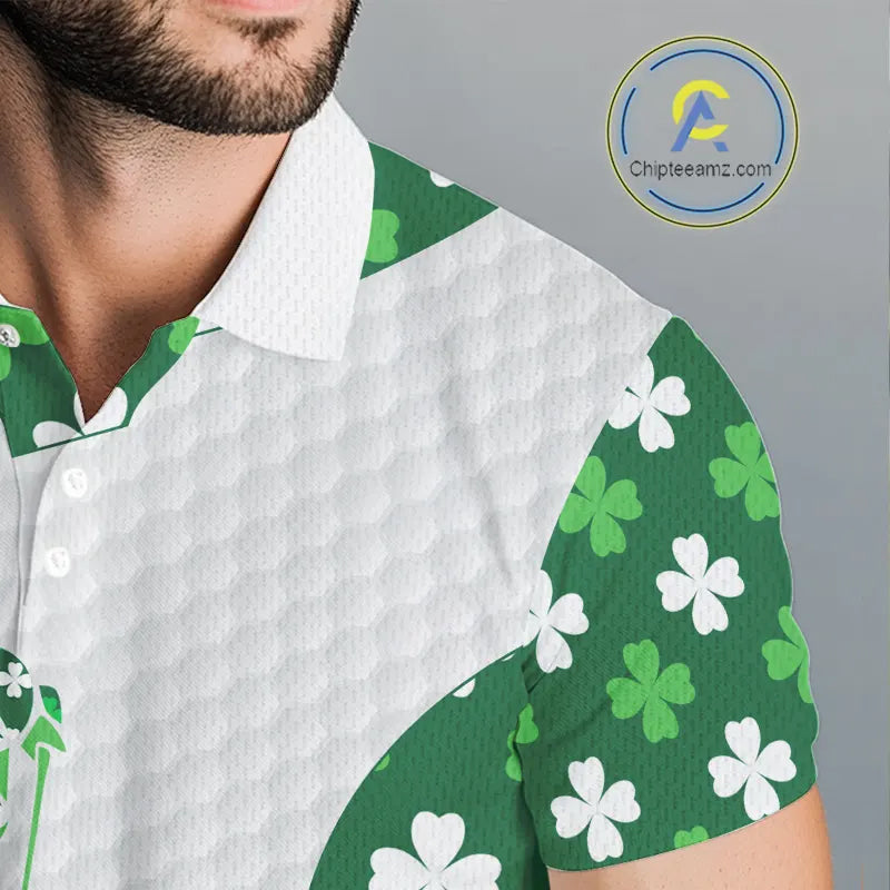 Personalized Green shamrock pattern golf white Mens golf polo shirt custom St Patrick's Day golf gift NQS11260