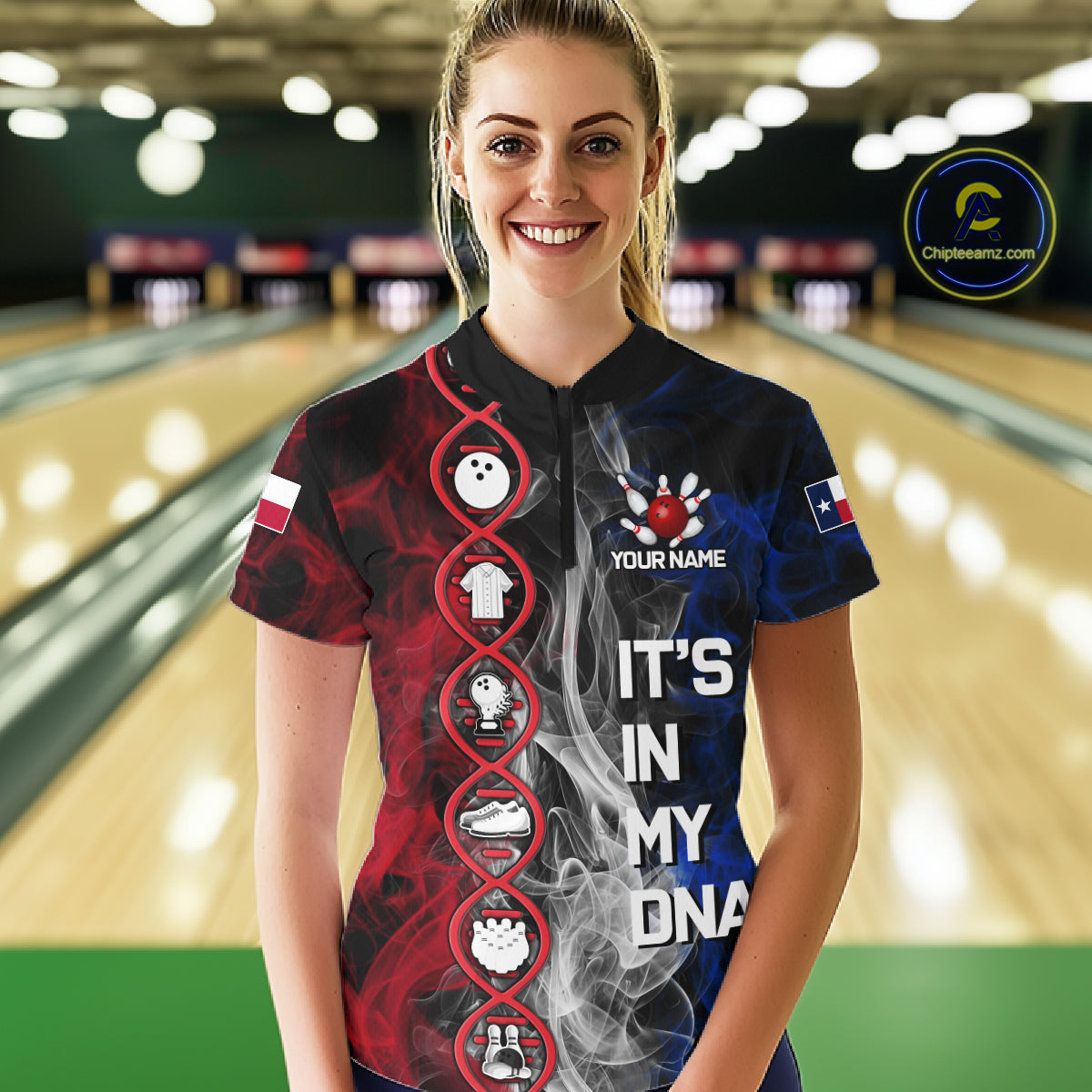 Red, White & Blue Smoke Texas Flag Patriotic Team Bowling Shirt For Women Custom It's in my DNA Shirt NQS11265
