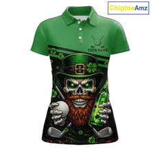 Load image into Gallery viewer, Green St Patrick Skull Golf and Beer Polo Golf shirts for Women Custom Team Ladies Golf attire NQS11475