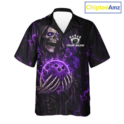 Personalized Skull Bowling Hawaiian Shirt Custom Team's Name Black and Purple Flame Bowler Jerseys NQS11659