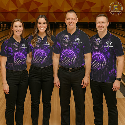 Personalized Skull Bowling Shirt For Men Custom Team's Name Black and Purple Flame Bowler Jerseys NQS11659