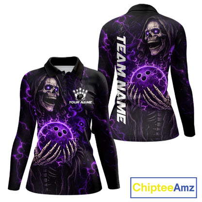 Personalized Skull Bowling Shirt For Women Custom Team's Name Black and Purple Flame Bowler Jerseys NQS11659