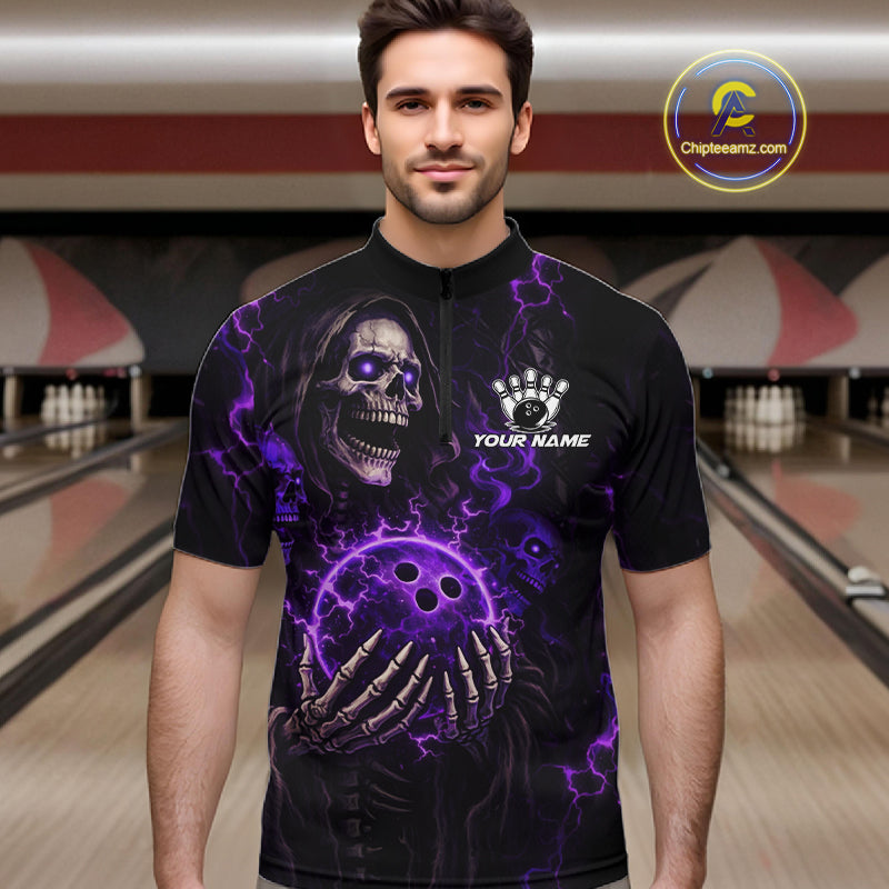 Personalized Skull Bowling Shirt For Men Custom Team's Name Black and Purple Flame Bowler Jerseys NQS11659