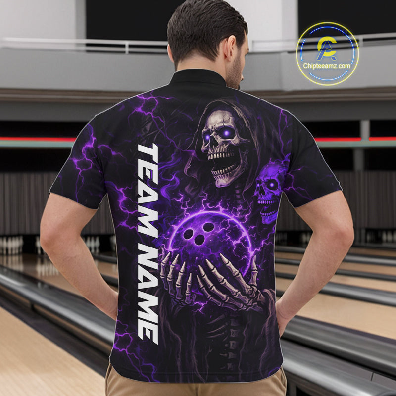 Personalized Skull Bowling Shirt For Men Custom Team's Name Black and Purple Flame Bowler Jerseys NQS11659