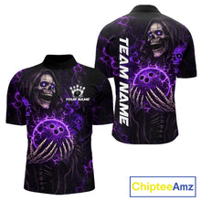 Load image into Gallery viewer, Personalized Skull Bowling Shirt For Men Custom Team's Name Black and Purple Flame Bowler Jerseys NQS11659