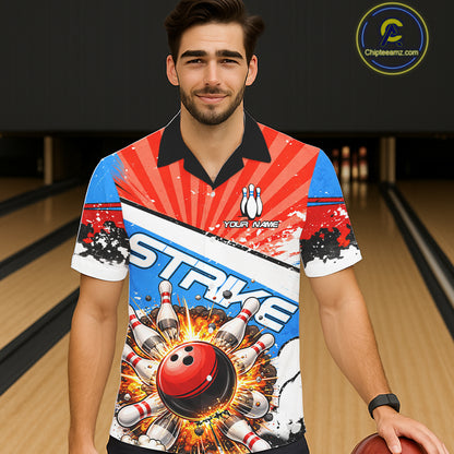 Funny Bowling Boom Strike Bowling Hawaiian Shirt Custom Red, White & Blue retro Team Bowling Jerseys NQS11661