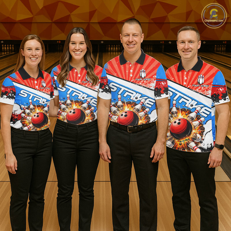 Funny Bowling Boom Strike Bowling Shirt For Men Custom Red, White and Blue retro Team Bowling Jerseys NQS11661