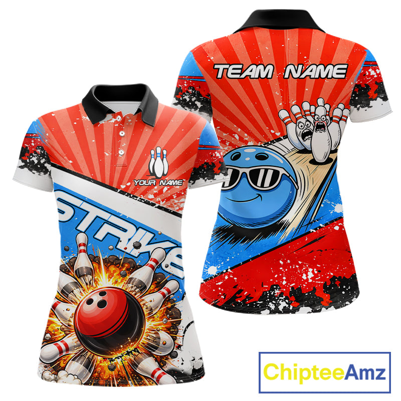 Funny Bowling Boom Strike Bowling Shirt For Women Custom Red, White & Blue retro Team Bowling Jerseys NQS11661