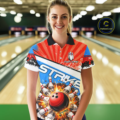 Funny Bowling Boom Strike Bowling Shirt For Women Custom Red, White & Blue retro Team Bowling Jerseys NQS11661