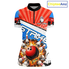 Load image into Gallery viewer, Funny Bowling Boom Strike Bowling Shirt For Women Custom Red, White &amp; Blue retro Team Bowling Jerseys NQS11661