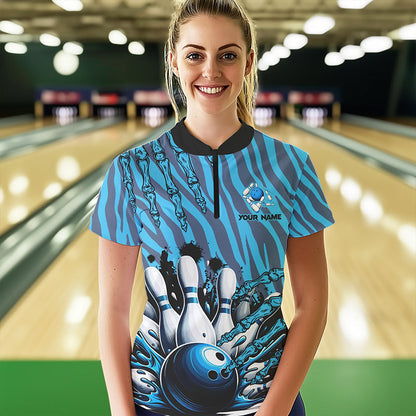 Funny Claw Blue Camo Women's bowling outfits custom bowling polo, Quarter Zip Shirts team jerseys NQS9704