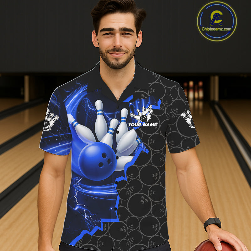 Black and Blue Camo Bowling Hawaiian Shirt Custom Bowling Team Jersey, Bowler Outfit NQS11750