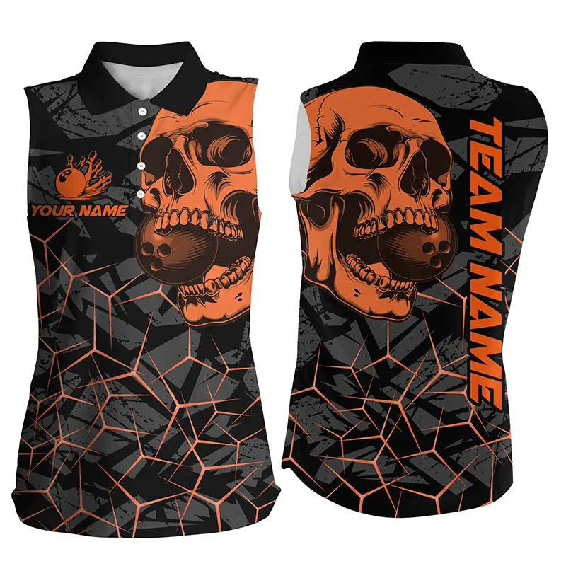 Black Skull camo bowling Sleeveless Polo shirts custom bowling team jerseys | Orange NQS8276