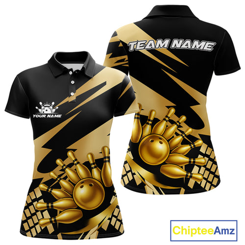 Black and Gold Bowling Polo, Quarter Zip Shirt For Women Custom Team bowling jersey, gift for bowlers NQS11069