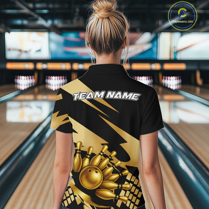Black and Gold Bowling Polo, Quarter Zip Shirt For Women Custom Team bowling jersey, gift for bowlers NQS11069