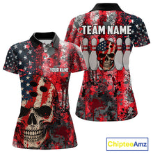 Load image into Gallery viewer, Red, White &amp; Blue American Flag Skull Bowling shirts For Women Custom patriotic Team Bowling Jersey NQS11275