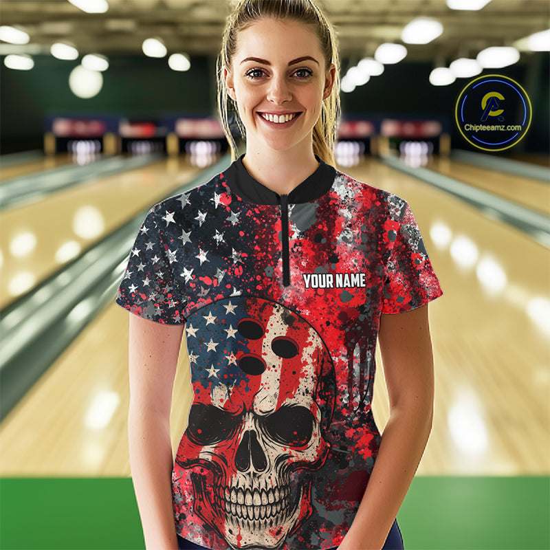 Red, White & Blue American Flag Skull Bowling shirts For Women Custom patriotic Team Bowling Jersey NQS11275