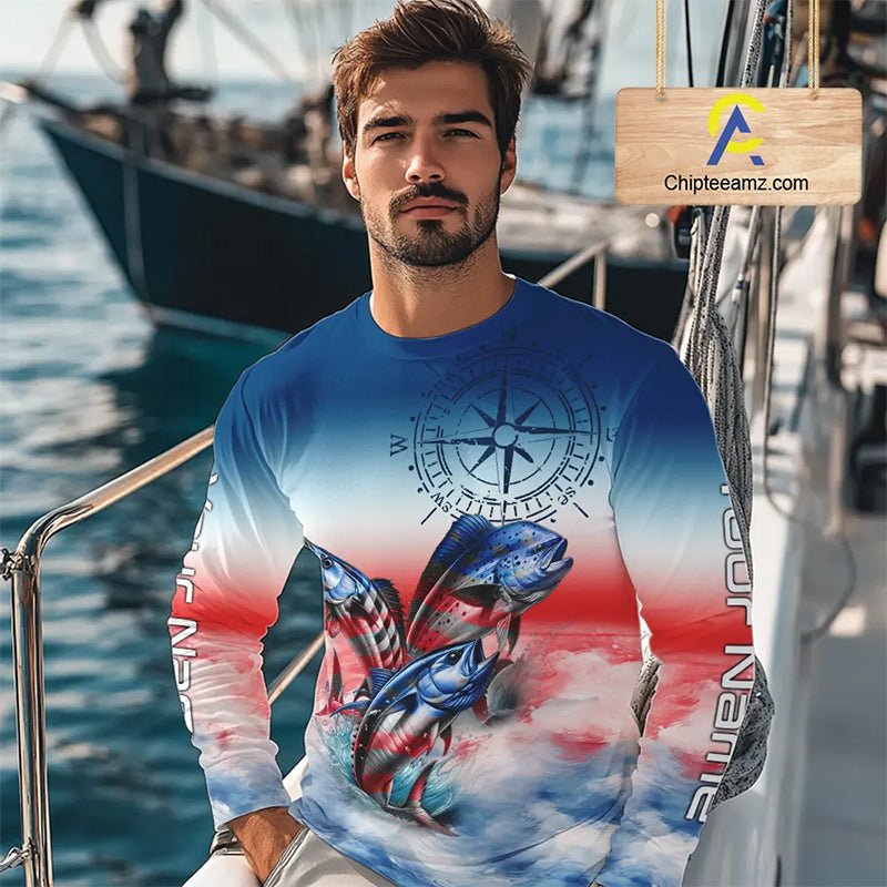 Red, white & blue Mahi Mahi, Wahoo, Tuna Compass Offshore Fishing Custom patriotic Performance Shirt NQS11276