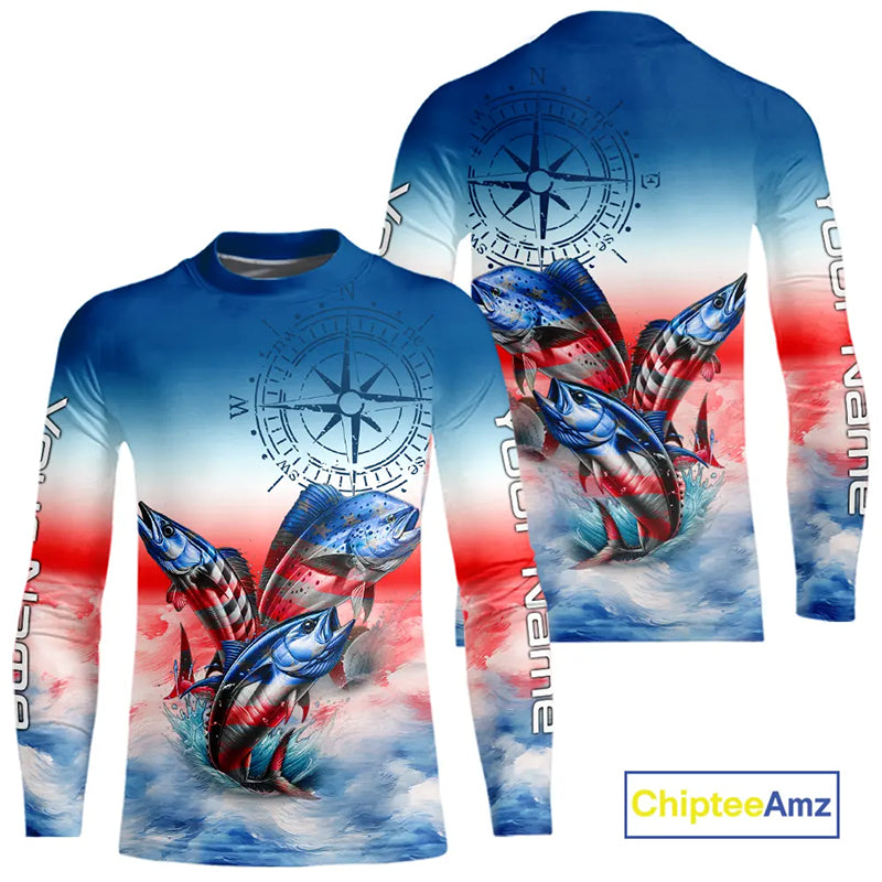Red, white & blue Mahi Mahi, Wahoo, Tuna Compass Offshore Fishing Custom patriotic Performance Shirt NQS11276