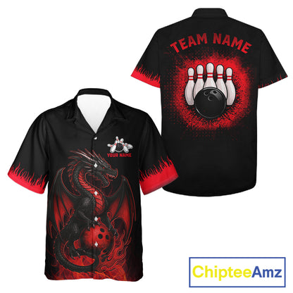 Black and Red Flame Dragon Bowling Hawaiian shirt Custom Dragon team bowling button up shirt NQS11482