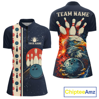 Custom Red, white and blue Eagle Retro Bowling Polo, 1/4 zip Shirts For Women, Bowling Team jerseys NQS11666