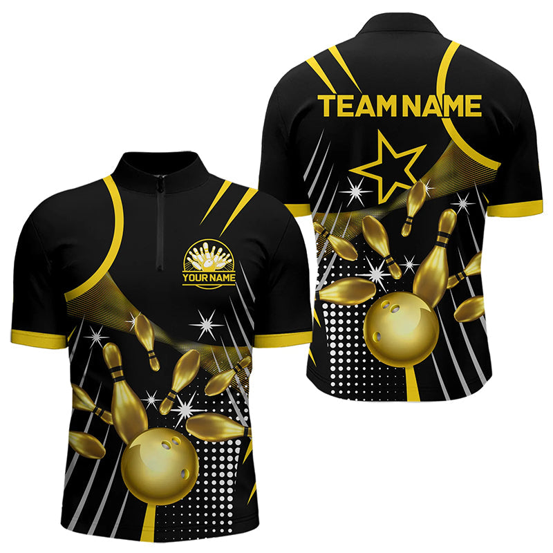Funny Black and Gold Mens Bowling Polo, 1/4 Zip Shirts Custom Bowling outfit men Team Jerseys NQS9712