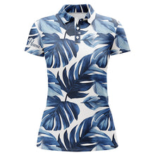 Load image into Gallery viewer, Women golf polo shirts custom blue monstera leaf pattern golf tops for ladies, gift for the golfer NQS7637